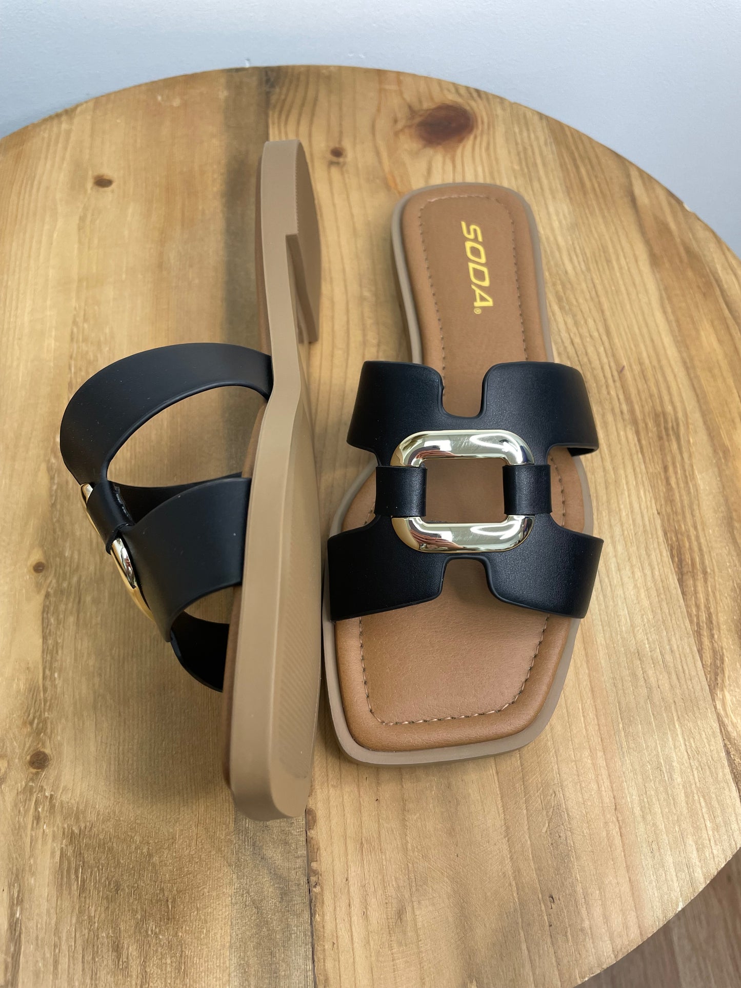 Faux Leather Chic Buckle Slip On Flat Slide Sandals