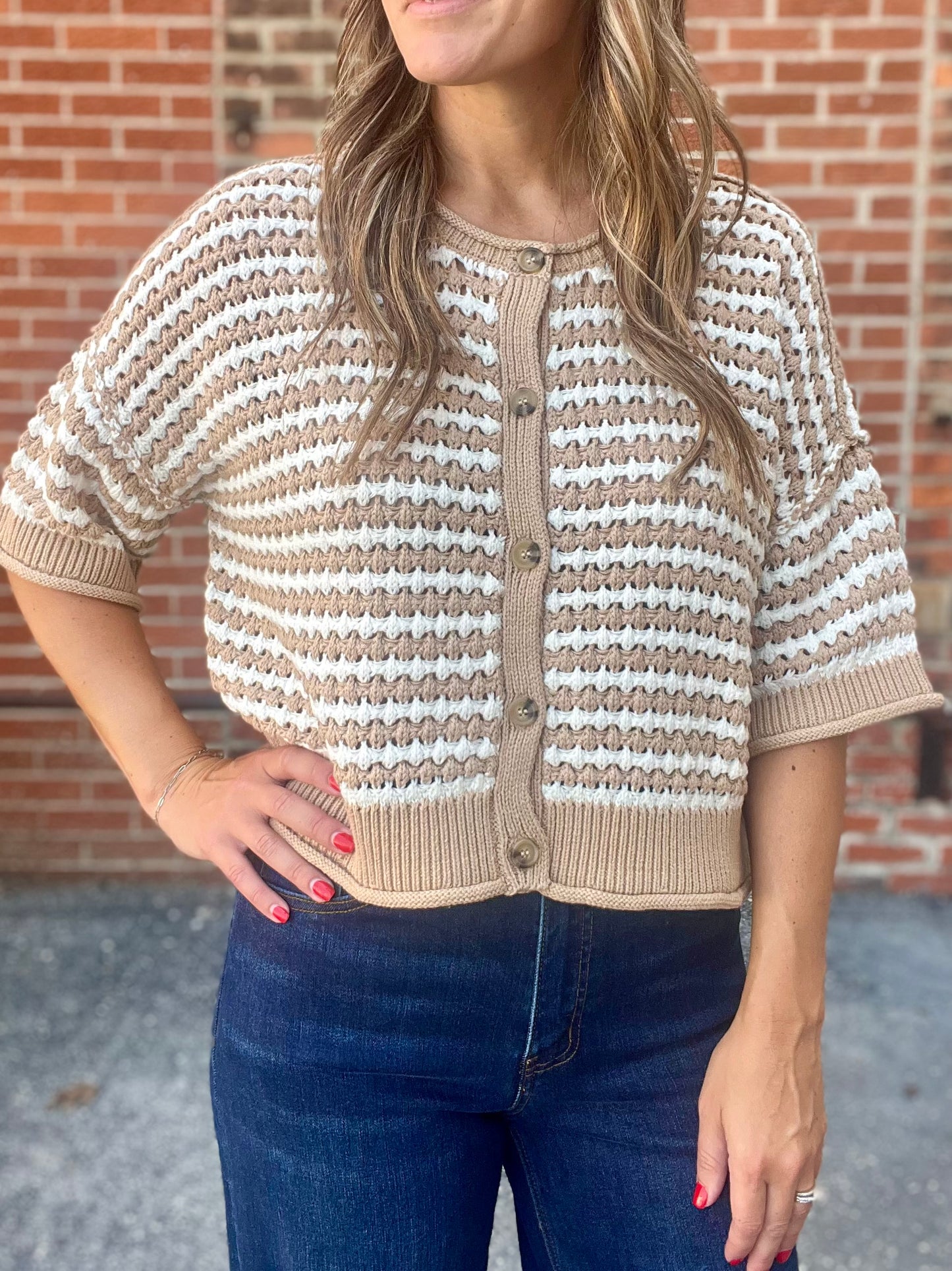 The Sandra Stripe Short Sleeve Knit Cardigan