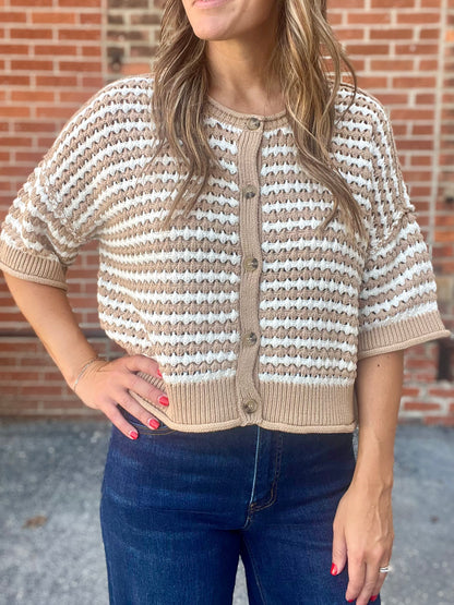 The Sandra Stripe Short Sleeve Knit Cardigan