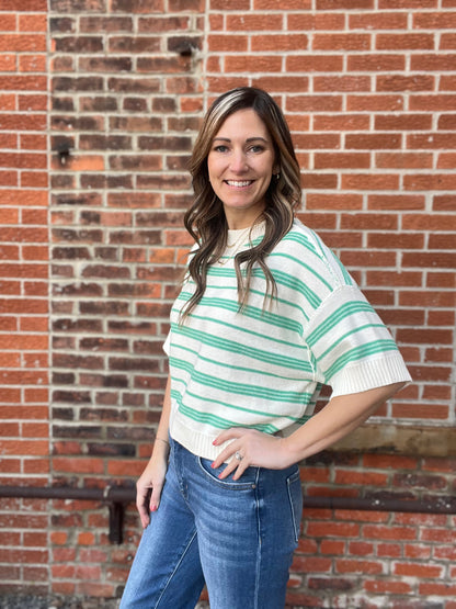 The Mella Drop Sleeve Knit Striped Green Top