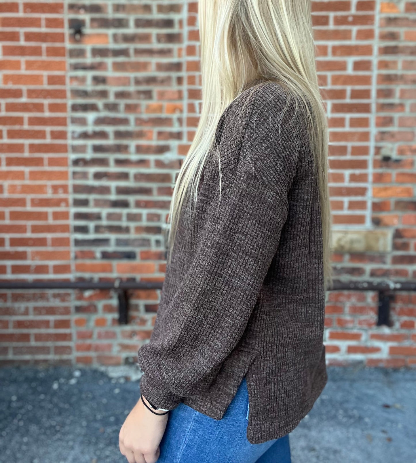 The Demi Dark Brown Crew Neck Long Sleeve Knit Top