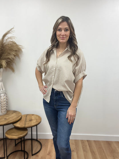 The Afton Taupe Striped Button Down