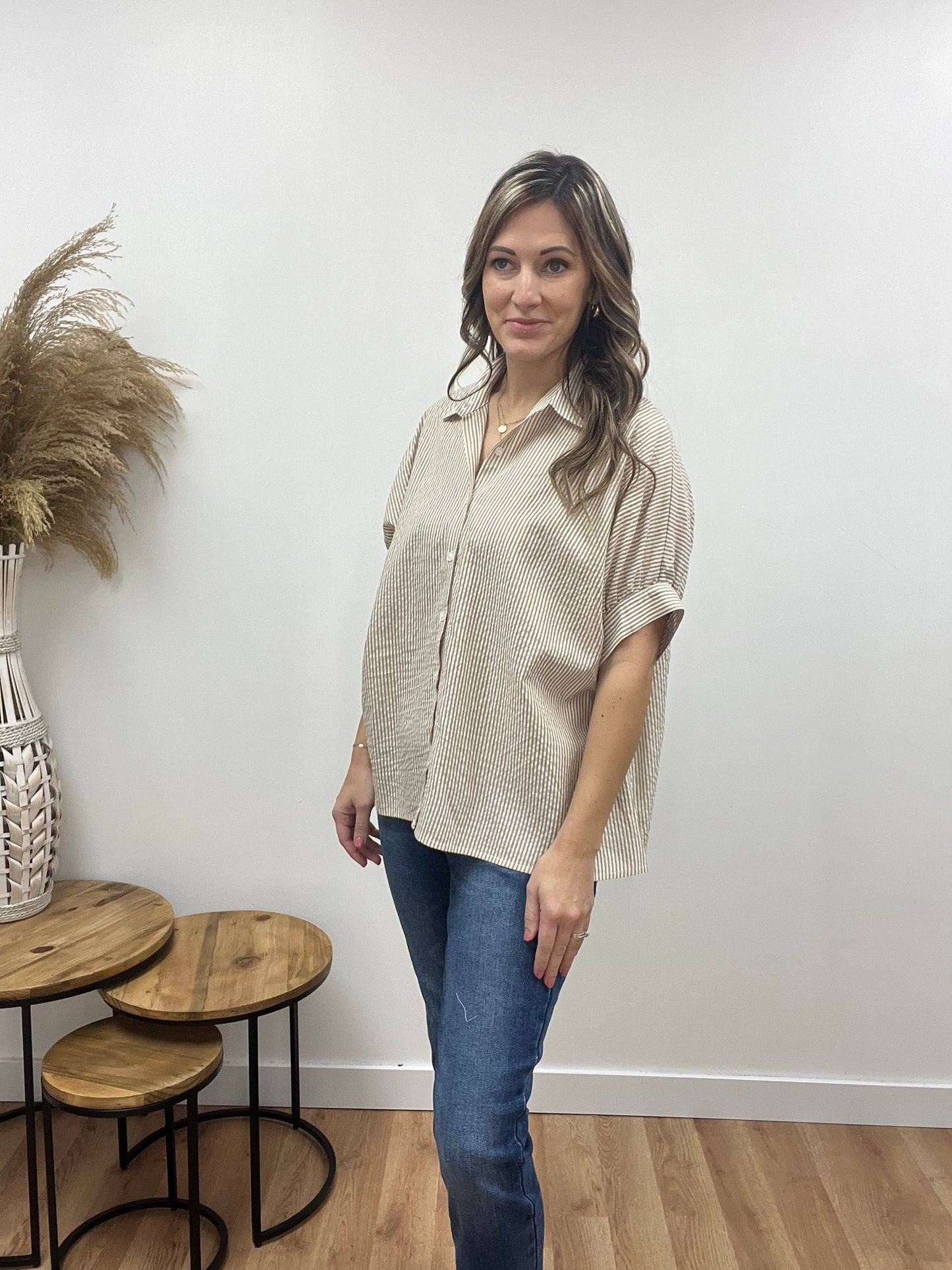 The Afton Taupe Striped Button Down