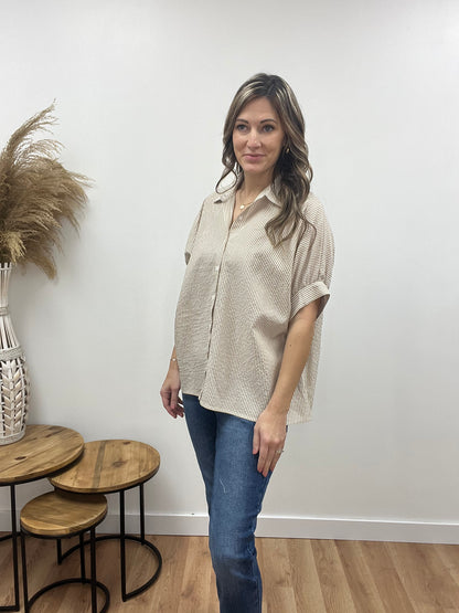 The Afton Taupe Striped Button Down