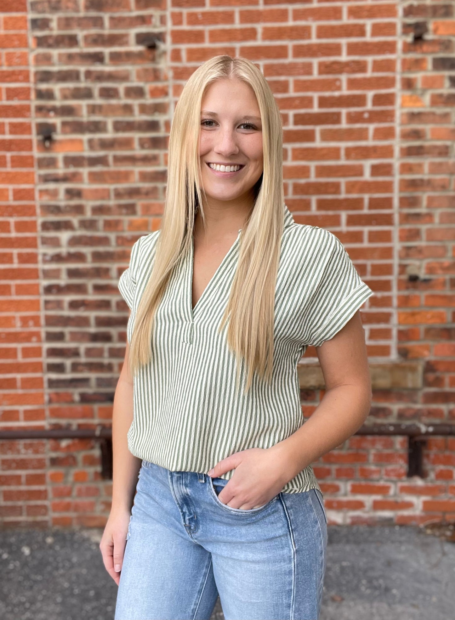 The Delaney Stripe Collared V Neckline Shirt