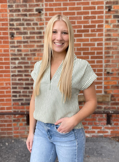The Delaney Stripe Collared V Neckline Shirt