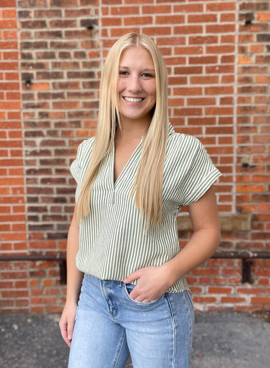 The Delaney Stripe Collared V Neckline Shirt