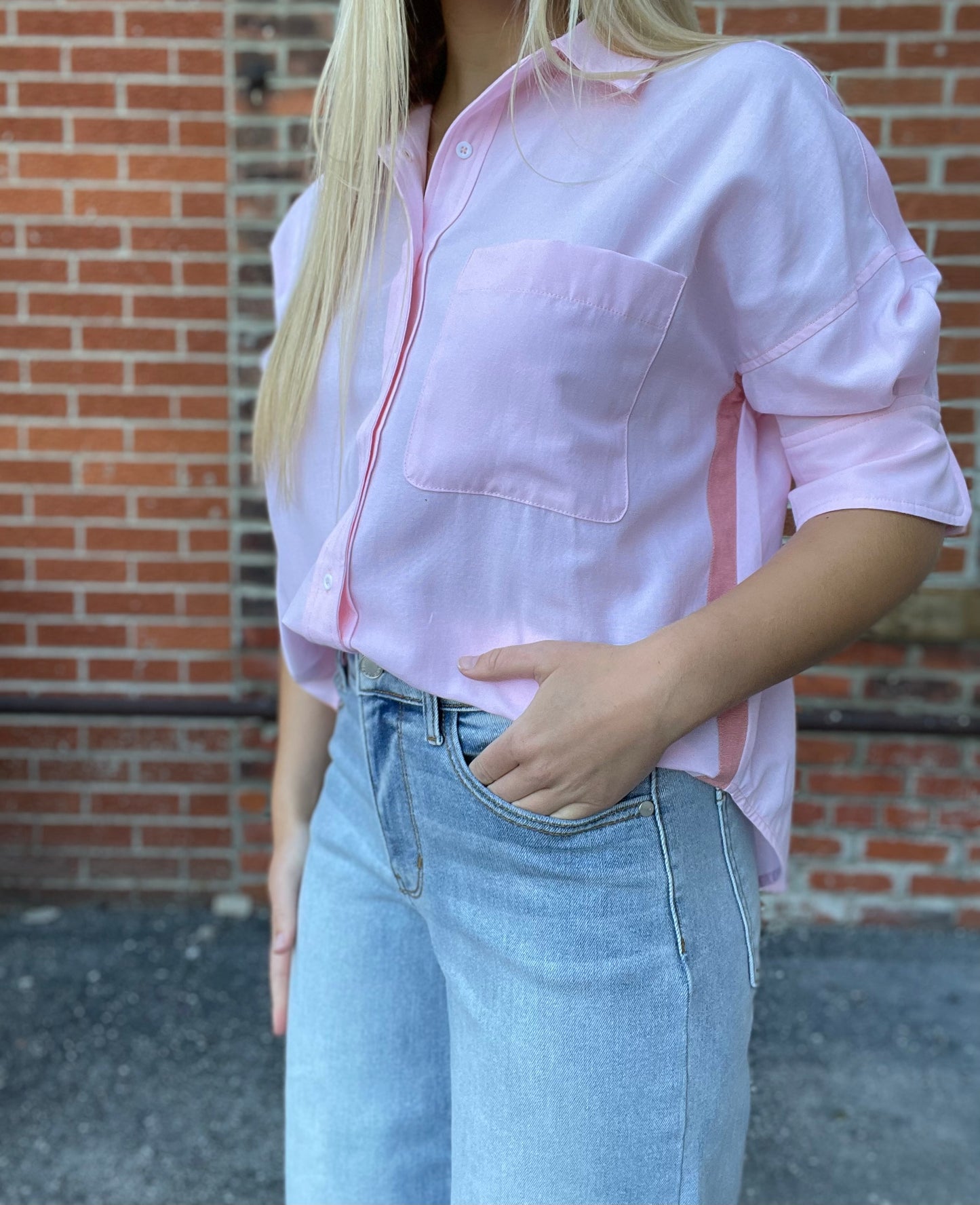 The Kai Light Pink Striped Detail Button Down
