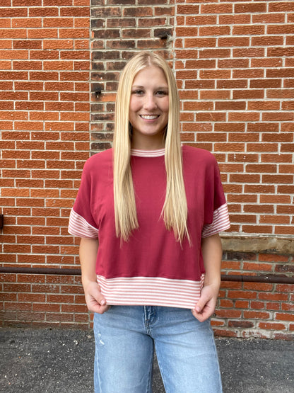 The Arlo Solid Half Sleeve Crop Top With Striped Sleeves