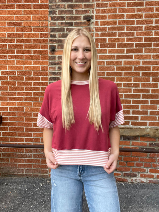 The Arlo Solid Half Sleeve Crop Top With Striped Sleeves