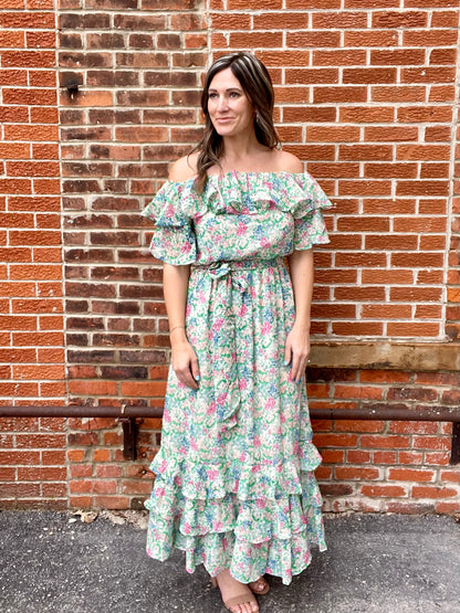 The Mikaela Off Shoulder Layered Maxi Dress