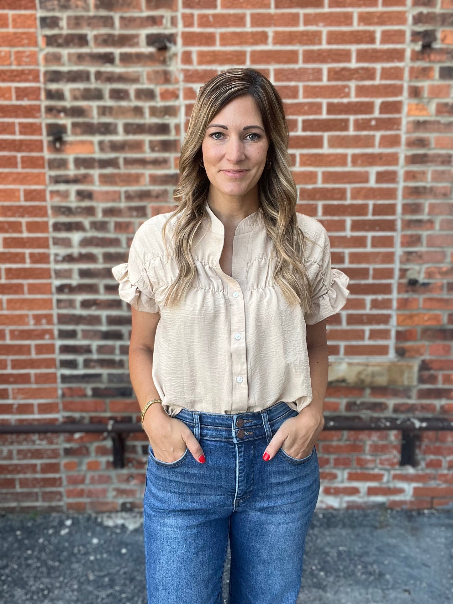 The Sailor Beige Ruffled Sleeve Top