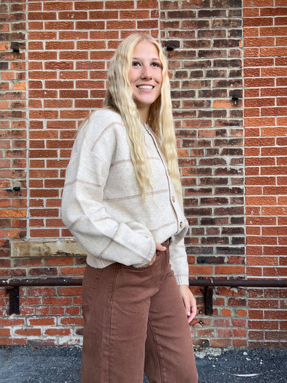 The Andi Oatmeal Stripe Button Down Cardigan