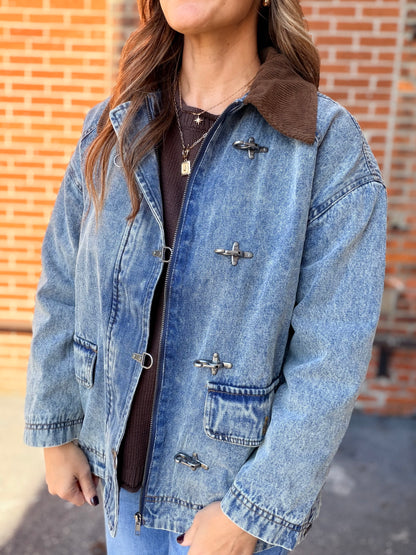 The Milland Contrast Collar Latch Hook Washed Denim Jacket