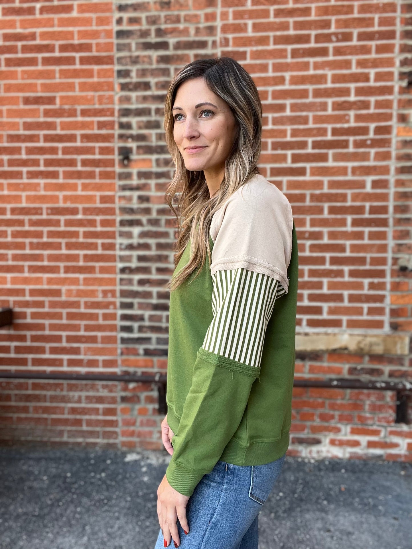 The Blaine Green and Taupe Knit top