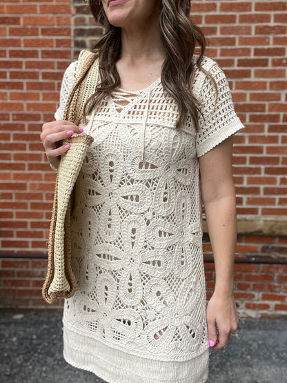 The Isla Ivory Crochet Floral Mini Dress