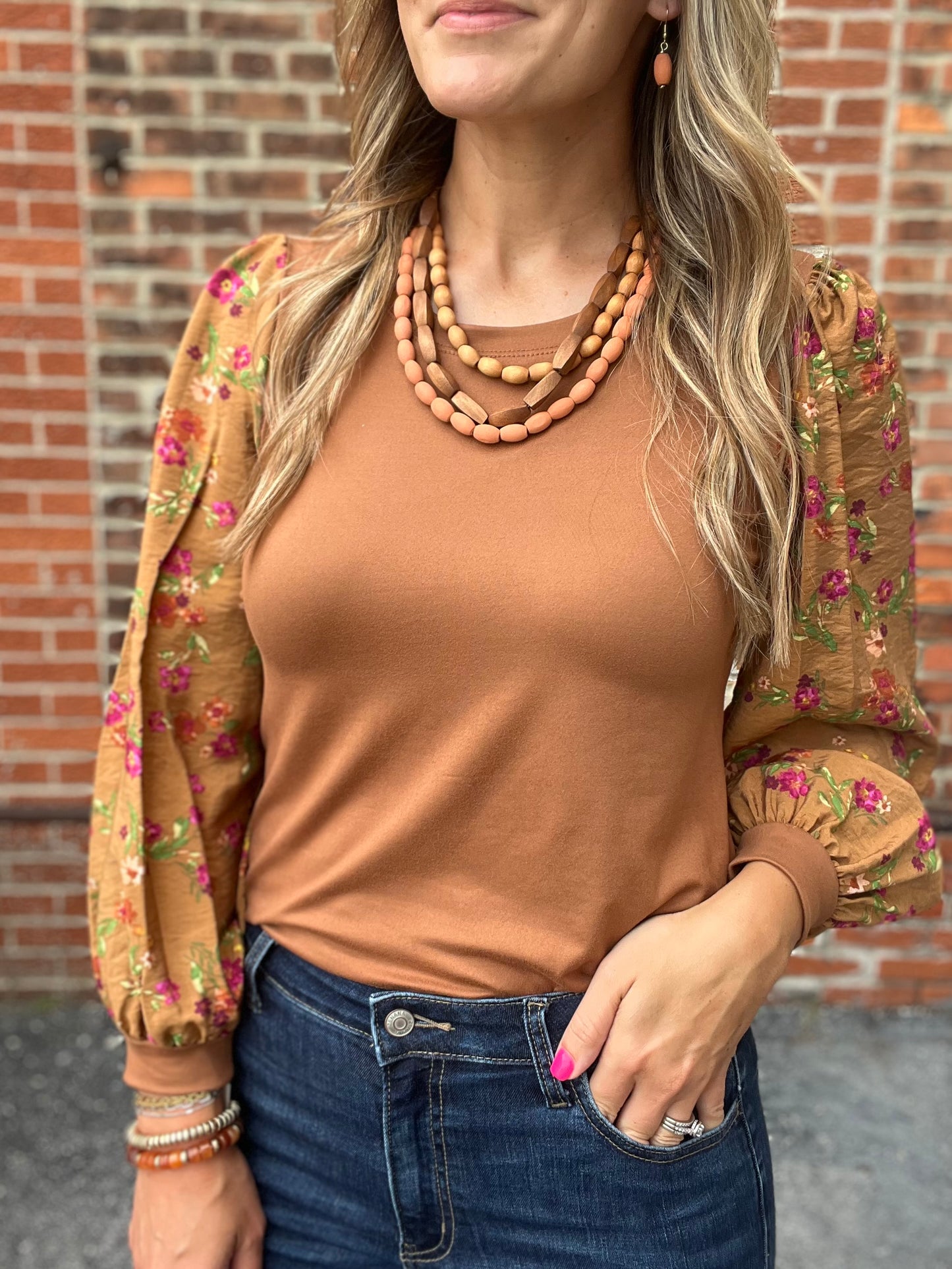 The Raligh Top with Floral Printed Sleeves