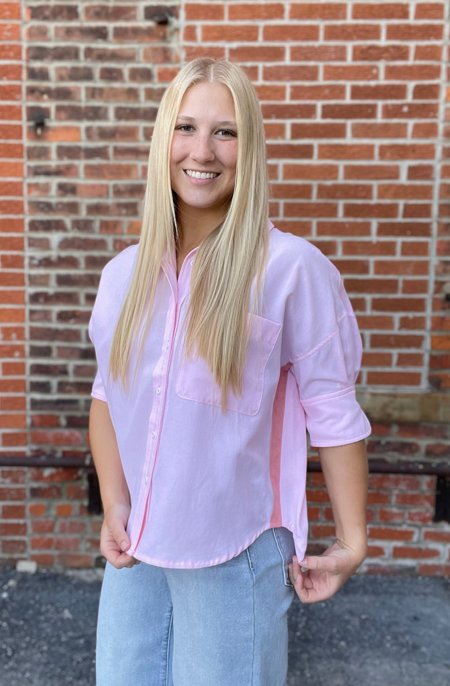 The Kai Light Pink Striped Detail Button Down