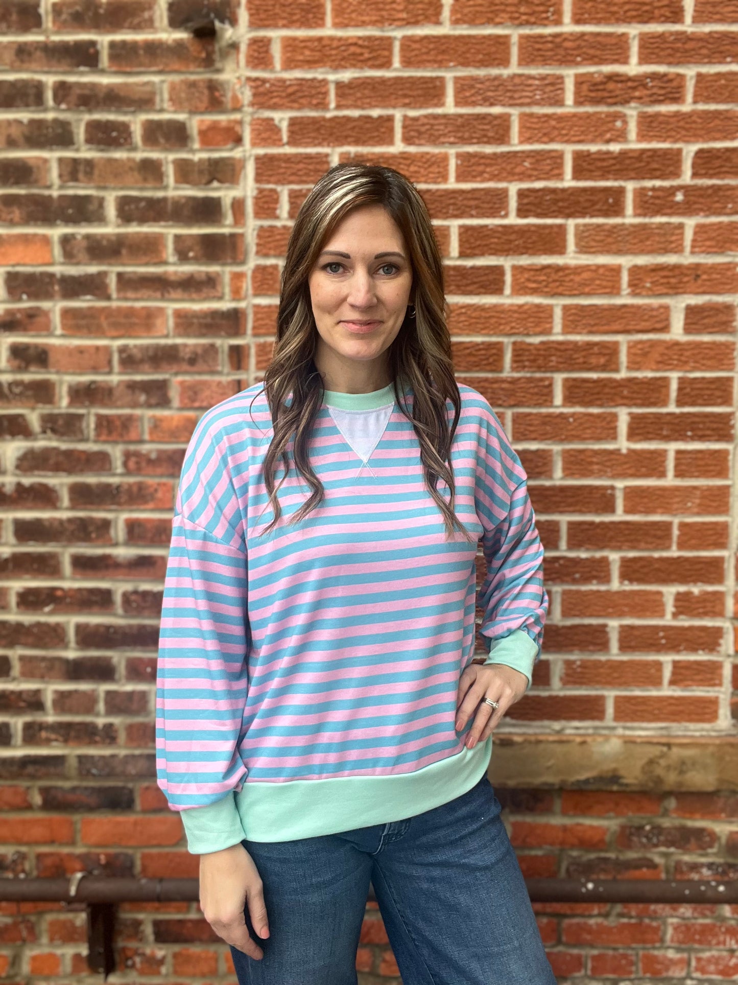 The Nectar Teal Pullover Striped Crewneck