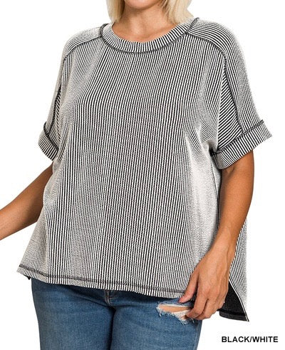 The Ainsley Curvy Ribbed Raw Edge Short Sleeve Top