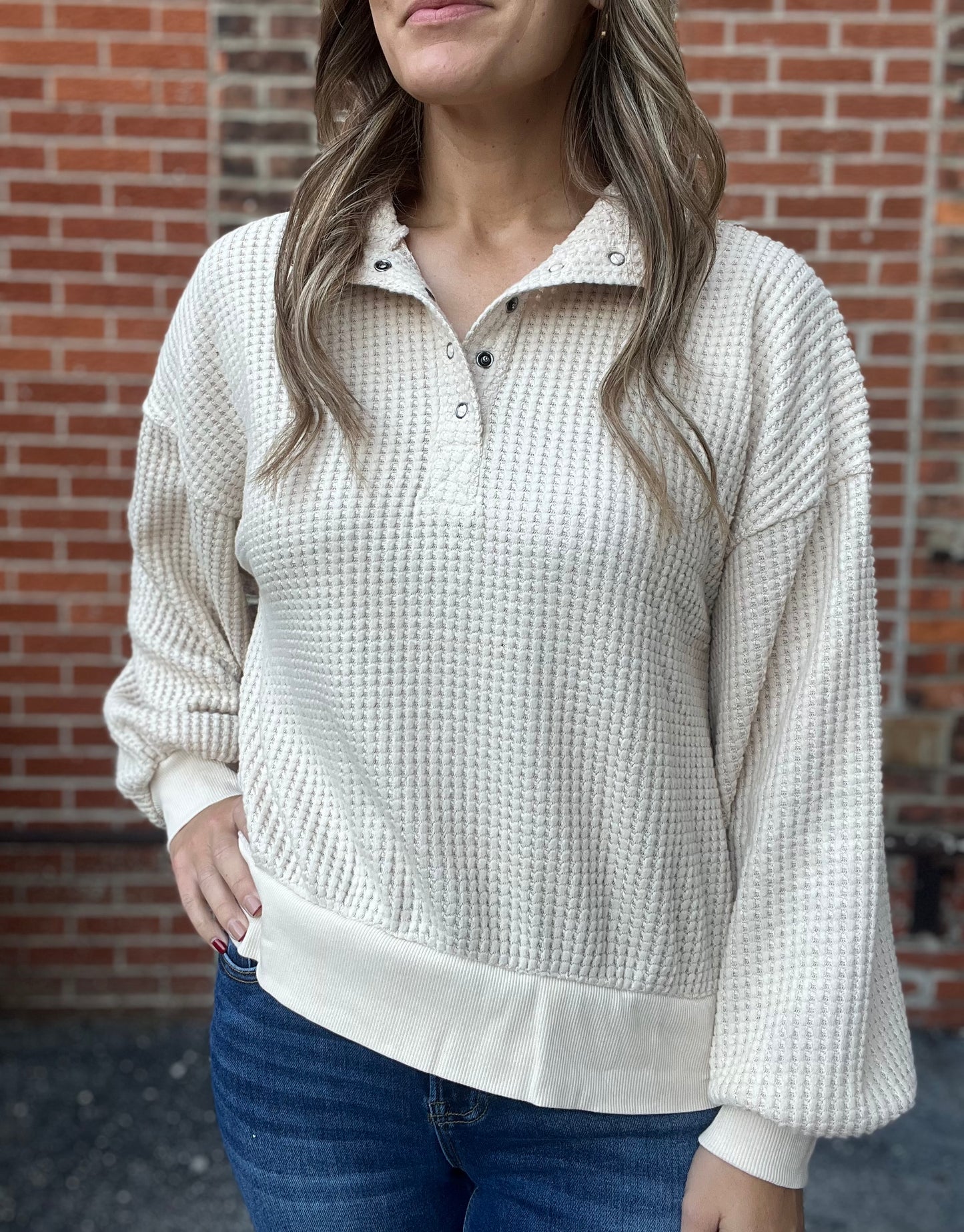 The Bricklynn Waffle Knit Quarter Snap Pull Over