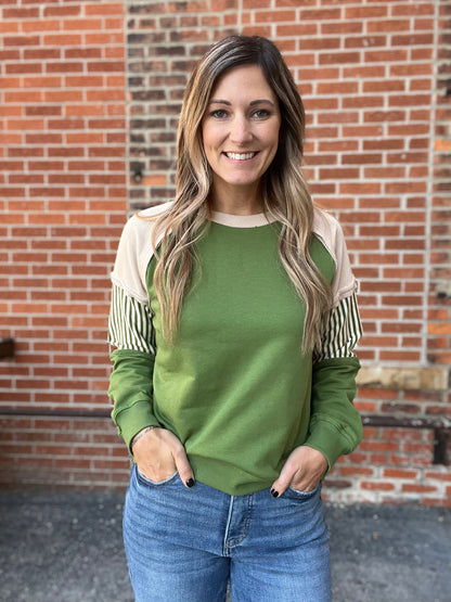 The Blaine Green and Taupe Knit top