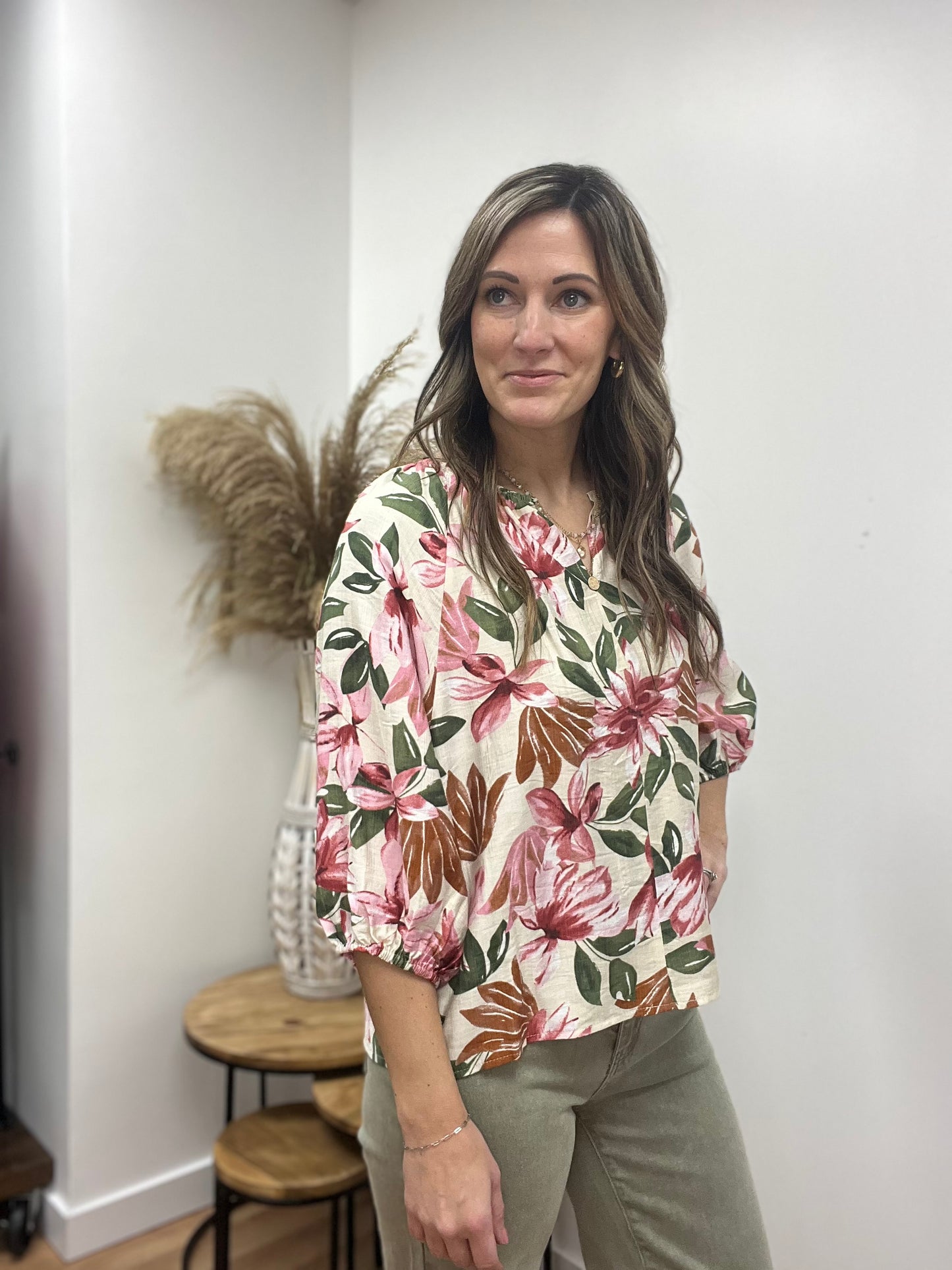 The Rosy Floral Print V Neck Blouse