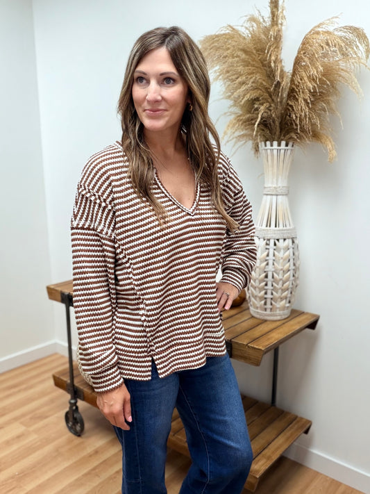 The Kaysen Stripe Split Neck Long Sleeve Knit Top