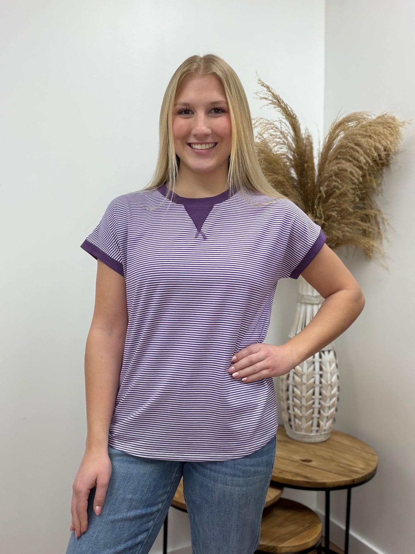 The Lila Striped Knit Purple Short Sleeve Top