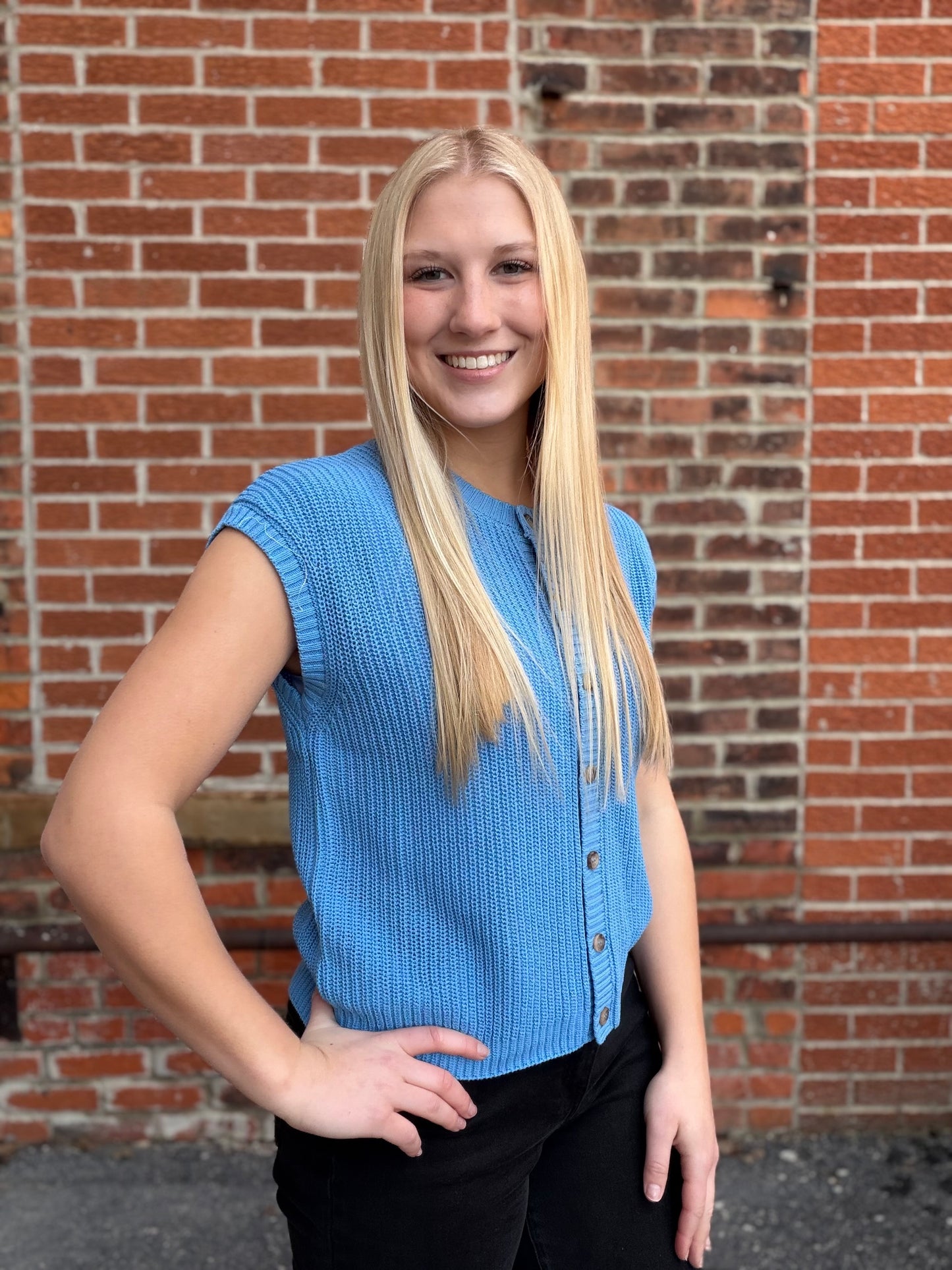 The Avis Short Sleeve Blue Knit Button Vest Top
