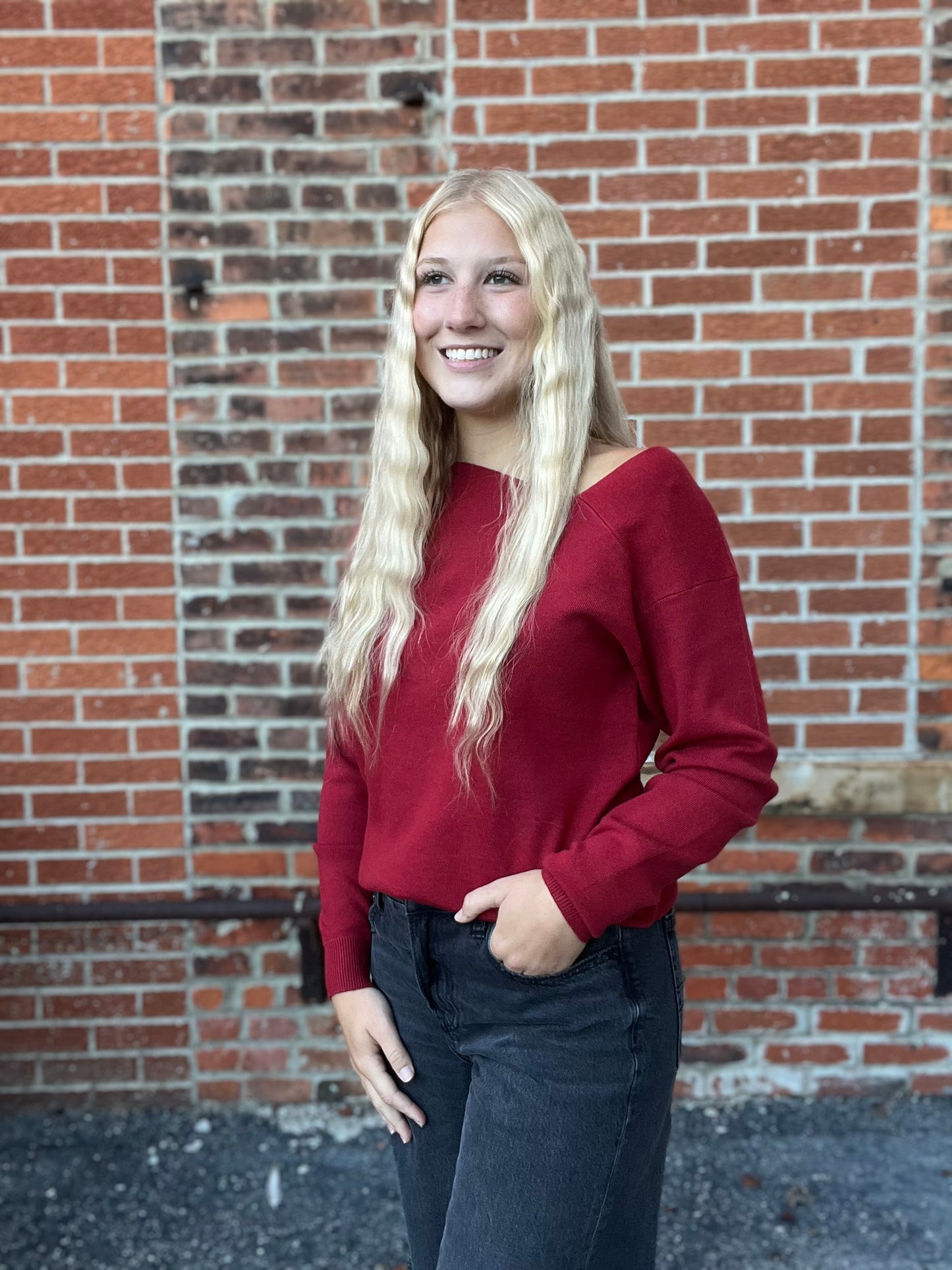 The Carwyn Burgundy Asymmetric Neck Long Sleeve Sweater