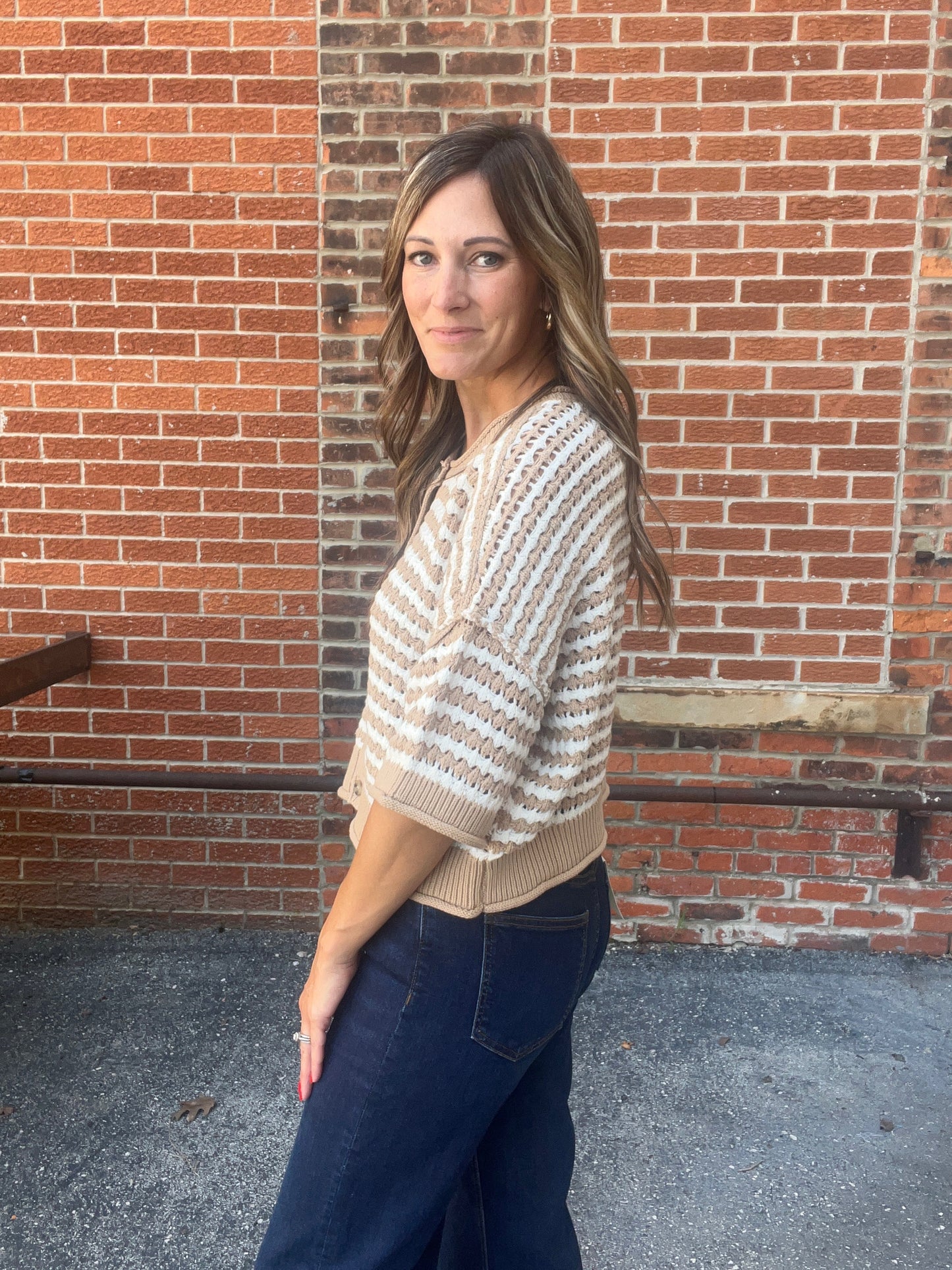 The Sandra Stripe Short Sleeve Knit Cardigan