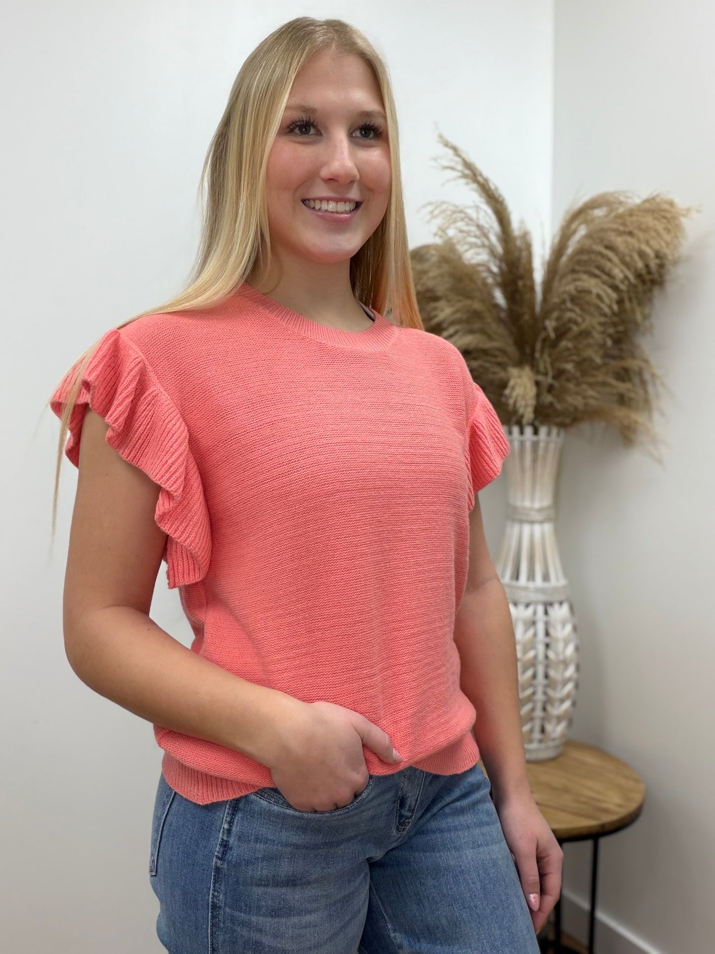 The Isla Coral Ruffle Sleeve Knit Top