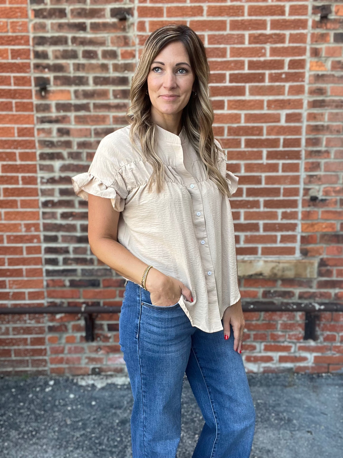 The Sailor Beige Ruffled Sleeve Top