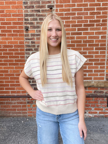 The Brielle Multi Color Striped Cap Sleeve Sweater Top