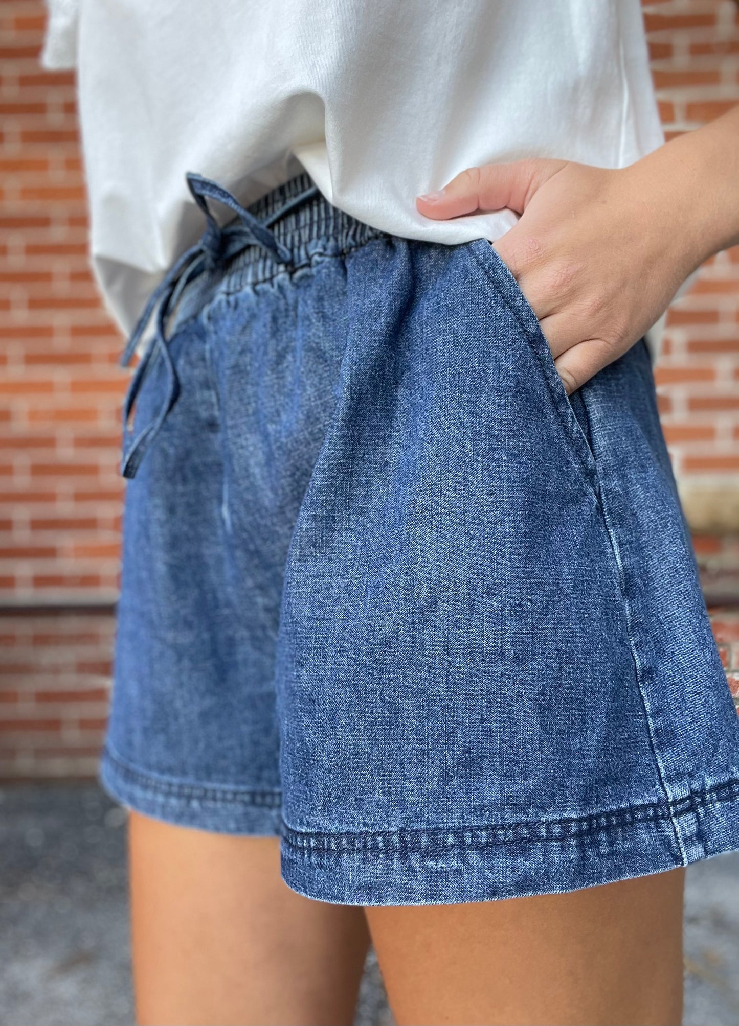 The Saylor Indigo Tie Waist Denim Shorts