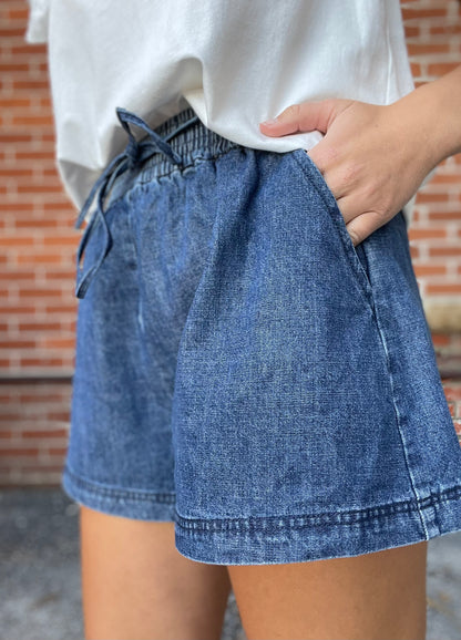 The Saylor Indigo Tie Waist Denim Shorts