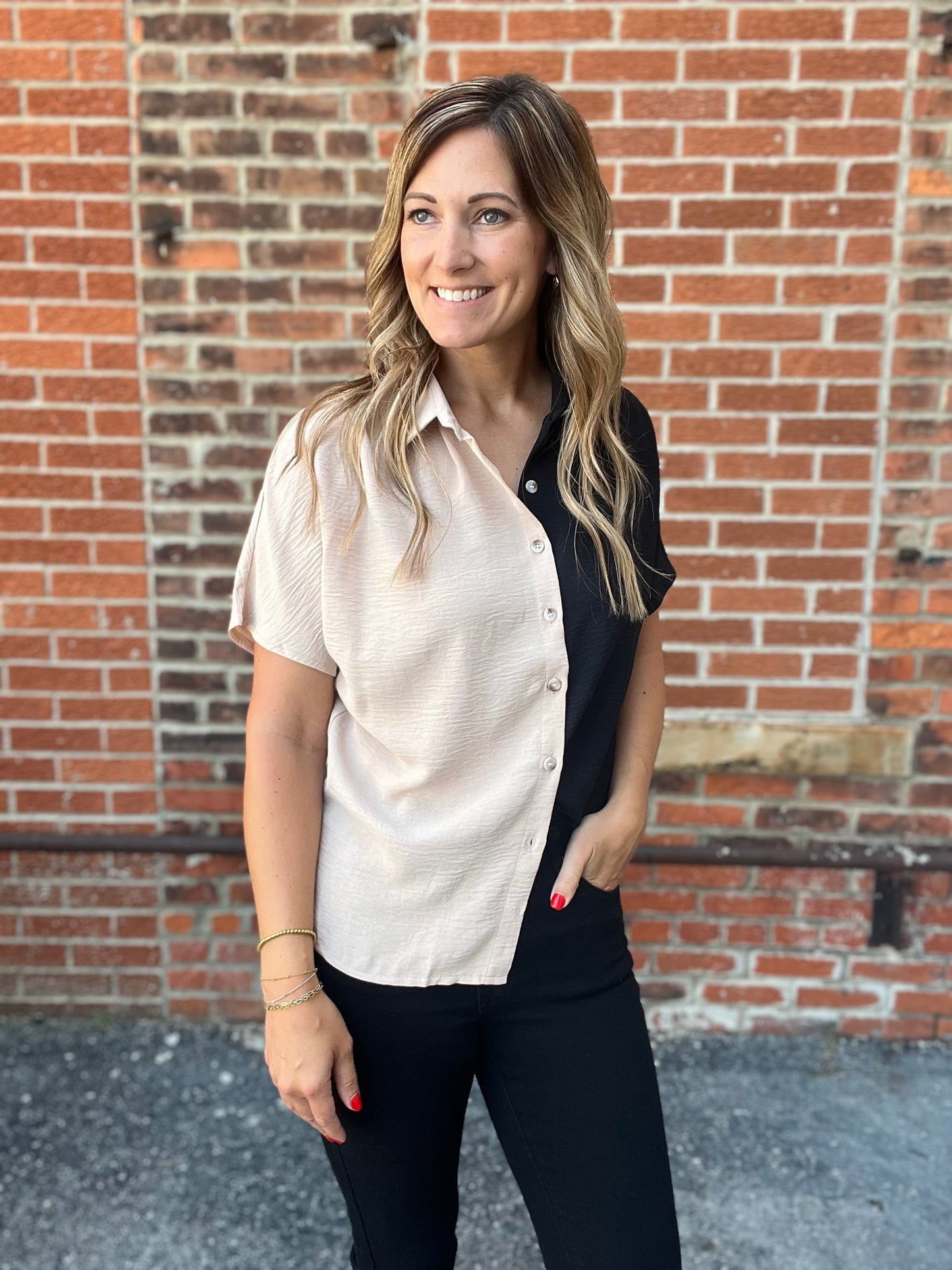 The Evra Black and Beige Button Up