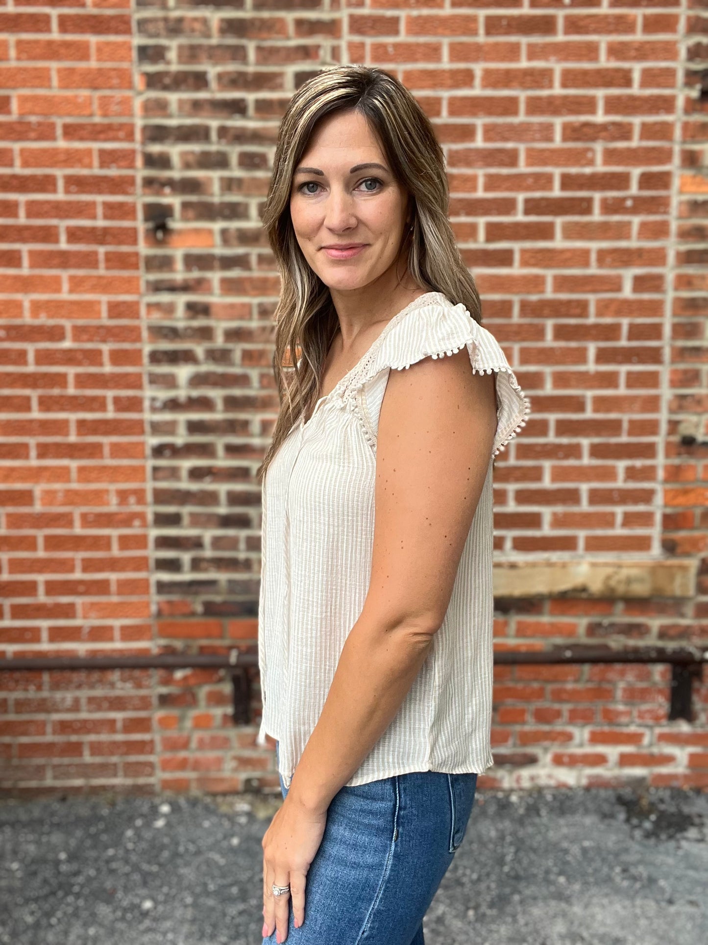 The Bellee Stripe Lace Front Tie Top