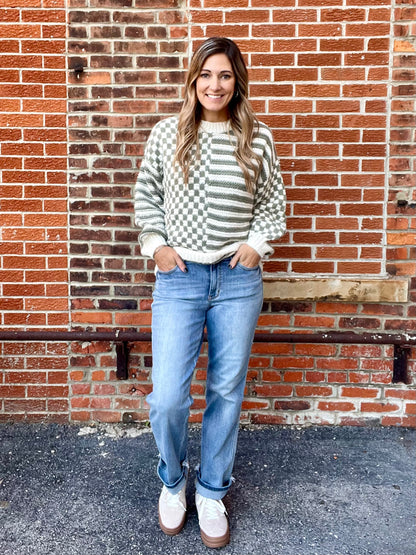 The Sherry Olive and Cream Checkered Sweater