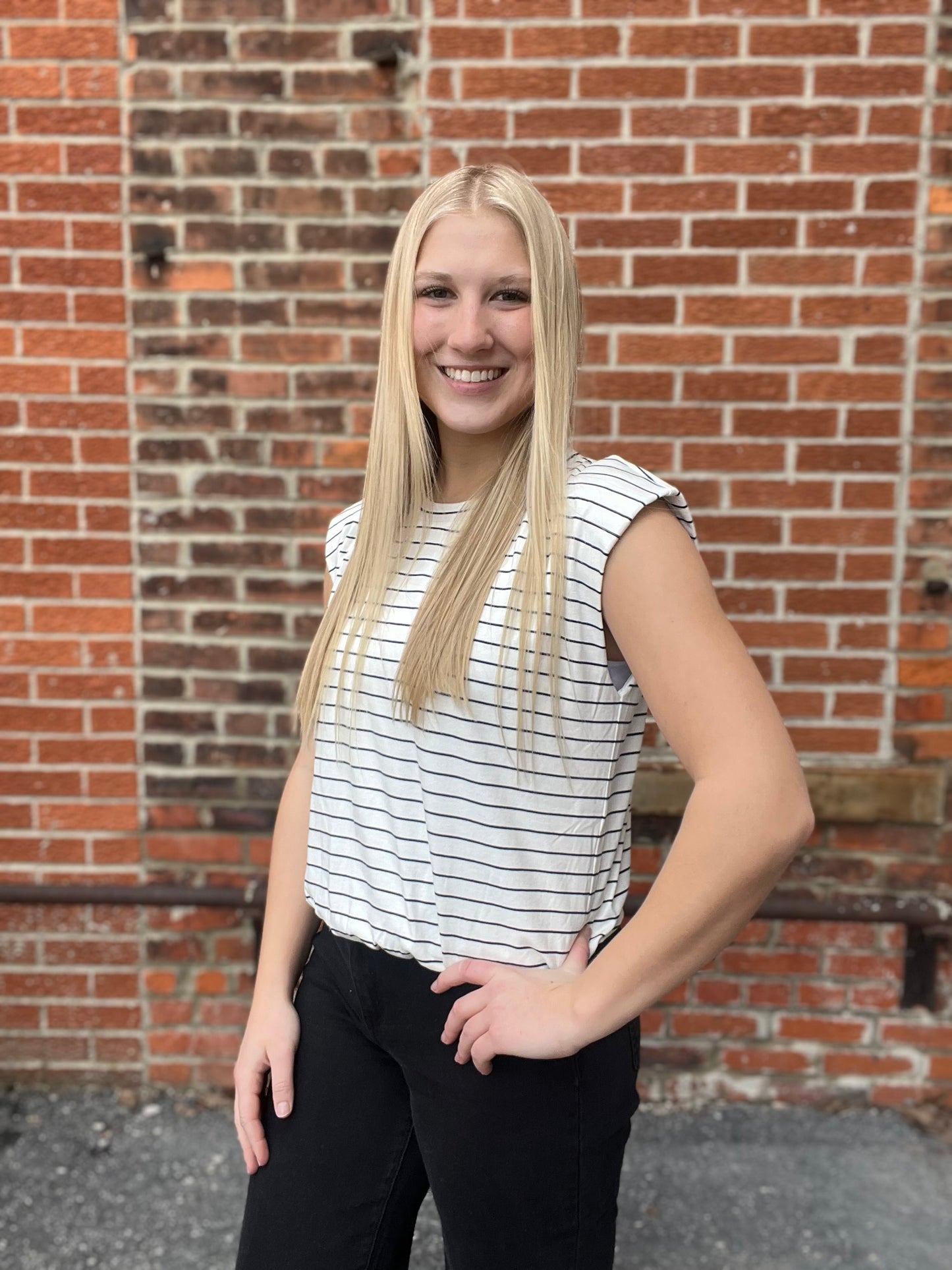 The Livia Navy Striped Cinched Tank Top