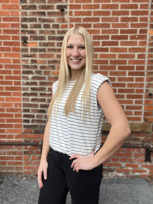 The Livia Navy Striped Cinched Tank Top