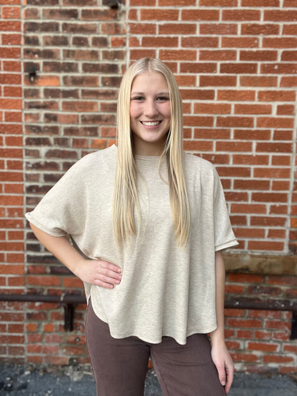 The Maris Oatmeal Dolman Short Sleeve Knit Top