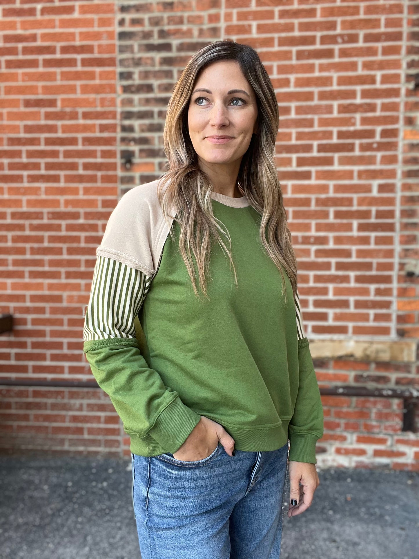 The Blaine Green and Taupe Knit top