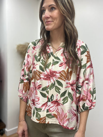 The Rosy Floral Print V Neck Blouse