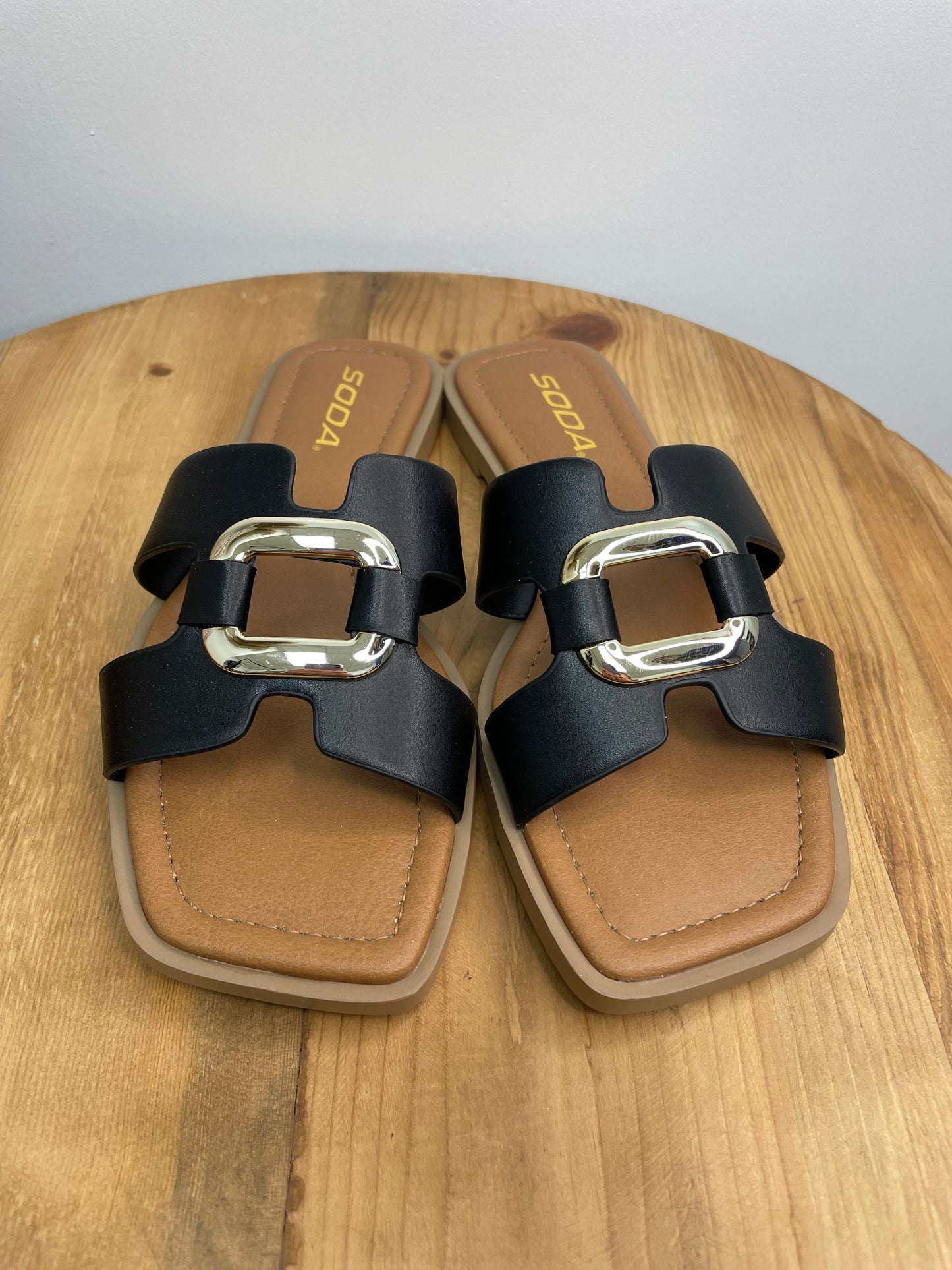 Faux Leather Chic Buckle Slip On Flat Slide Sandals