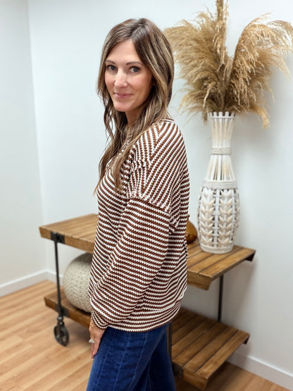 The Kaysen Stripe Split Neck Long Sleeve Knit Top