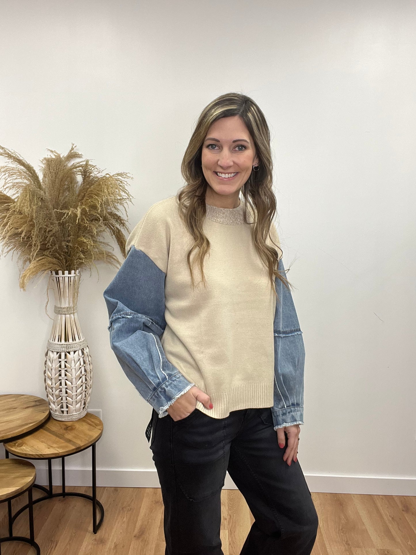 The Mallie Denim Sleeve Sweater