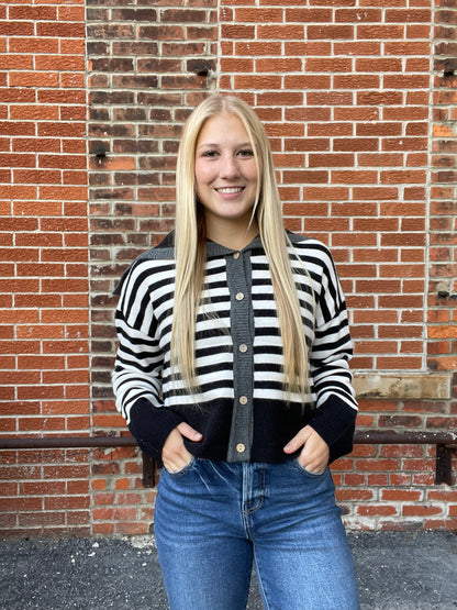 The Sable Sailor Collar Striped Button Up Sweater