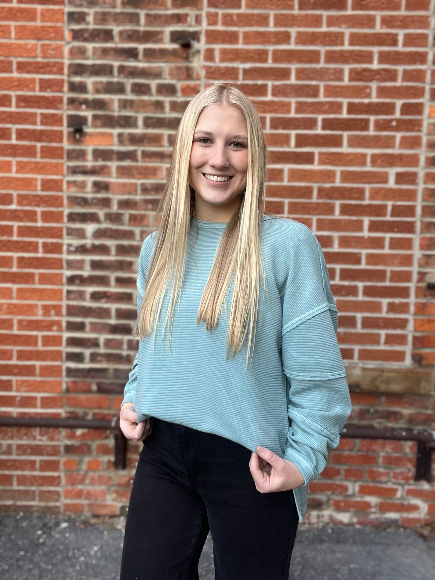 The Soren Dusty Blue Exposed Seam Knit Top